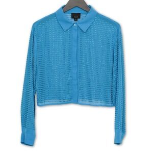 Lumiere Blue Rhinestone Embellished Button Down Cropped Shirt‎ Top Size M